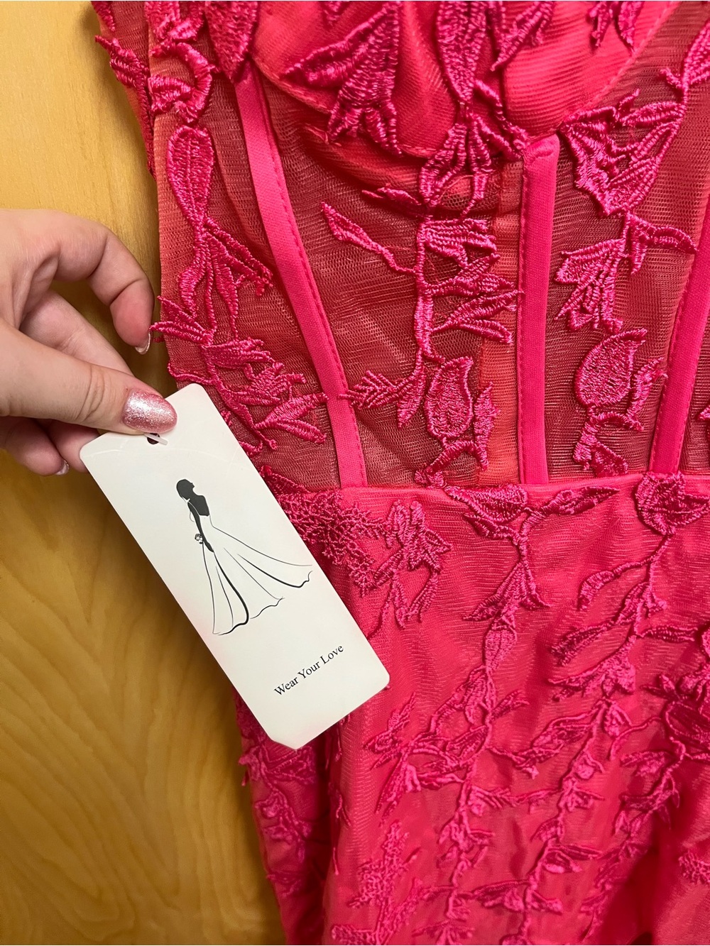 NWT Strapless Fuchsia Lace Appliqué Evening Gown - Picture 4 of 4